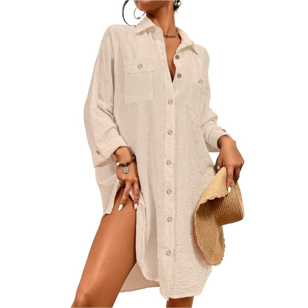 Modern Linen Beach Cover Up Blouse Button Down Shirt Flowy Chic Resort Wear
